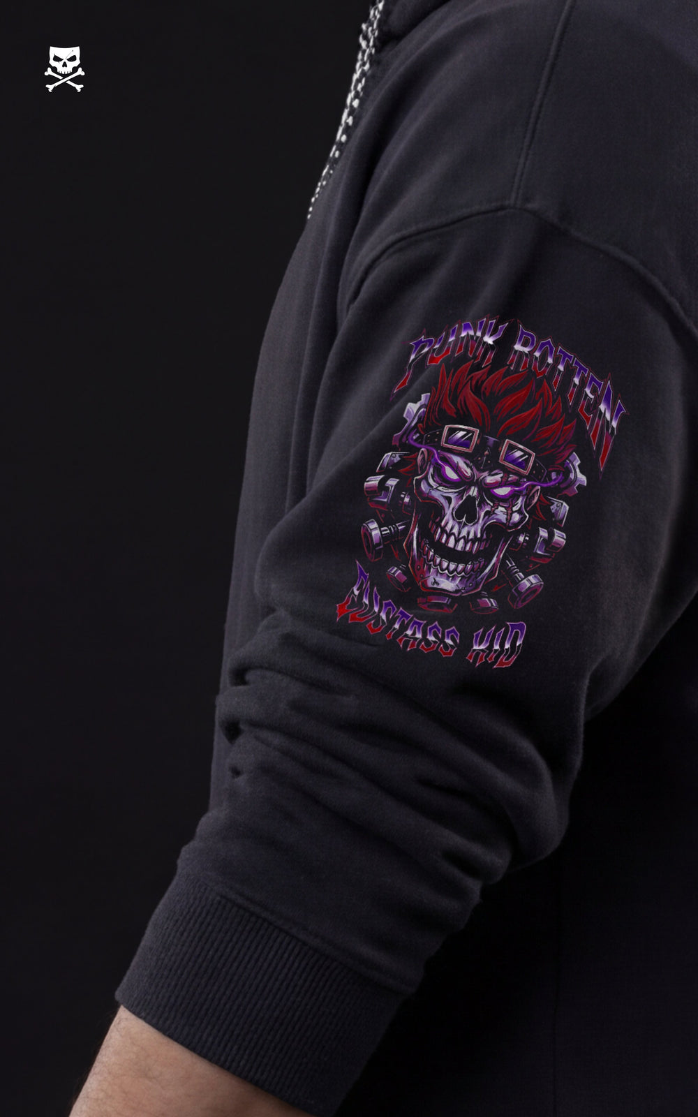Side profile of a black Mavrick anime hoodie showcasing a detailed sleeve graphic of a stylized Eustass Kid skull with goggles and "Punk Rotten" typography in purple and red.