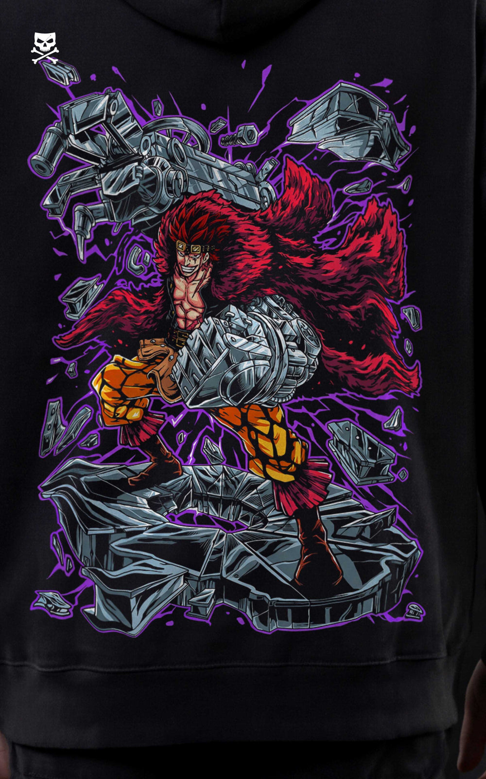 High-definition close-up of the Eustass Kid "Captain" print on the back of a hoodie, featuring the character's signature red coat, metal arm, and orange patterned trousers against a purple aura.