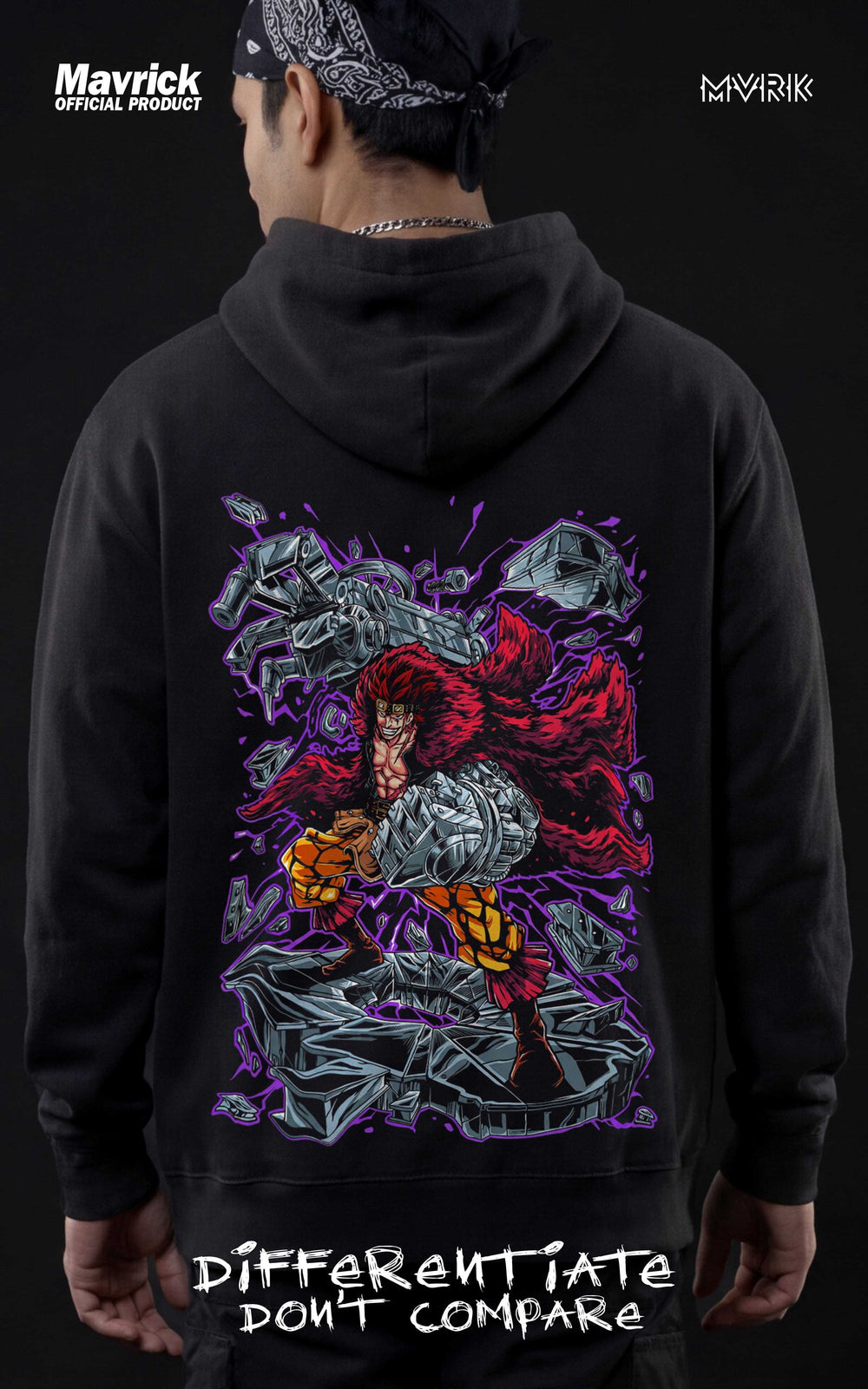 Back view of a model wearing a Mavrick official product hoodie with a large, vibrant graphic of Eustass Kid using his Punk Gibson metal arm, surrounded by purple energy and floating scrap metal.