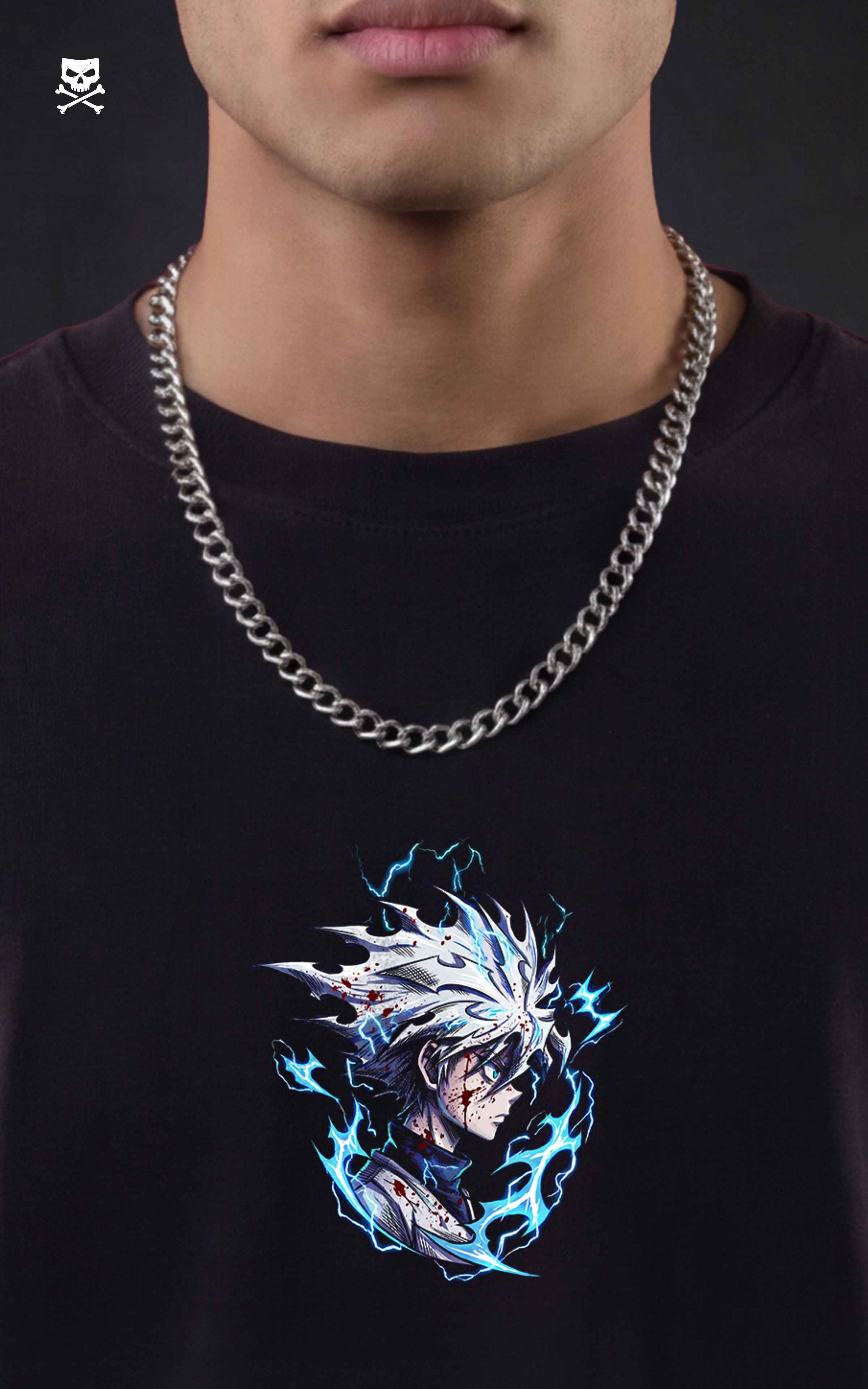 Model wearing a silver chain and a black t-shirt with a chest graphic of an anime character profile and blue lightning strikes.