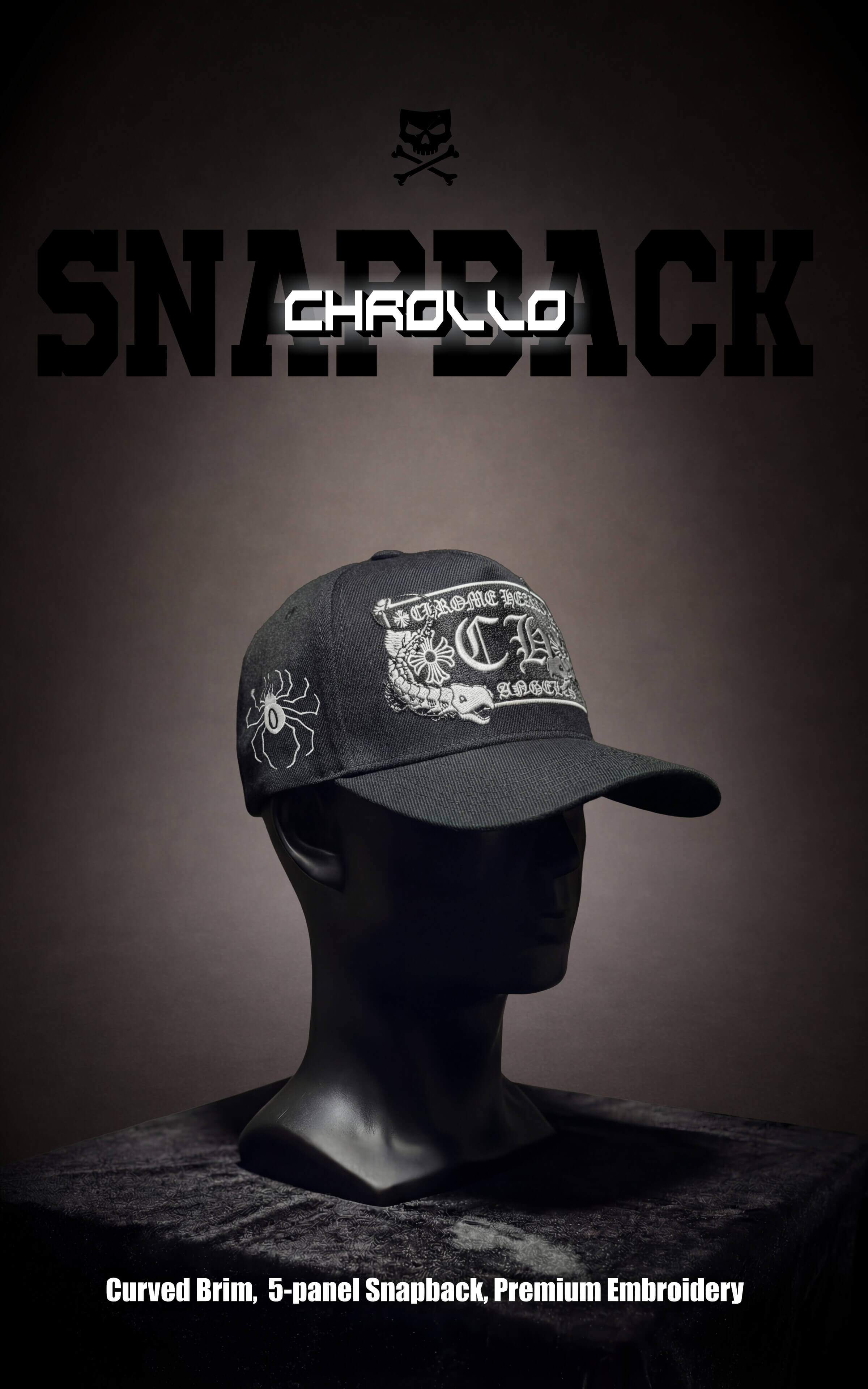 Black cap with embroidery on a mannequin head against a dark background, featuring the brand 'Chapello'.