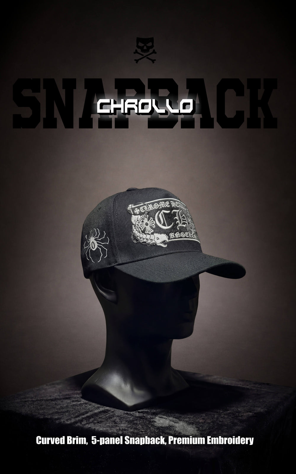 Black cap with embroidery on a mannequin head against a dark background, featuring the brand 'Chapello'.
