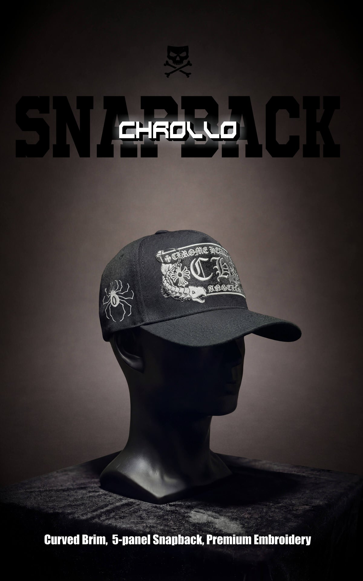 Black cap with embroidery on a mannequin head against a dark background, featuring the brand 'Chapello'.