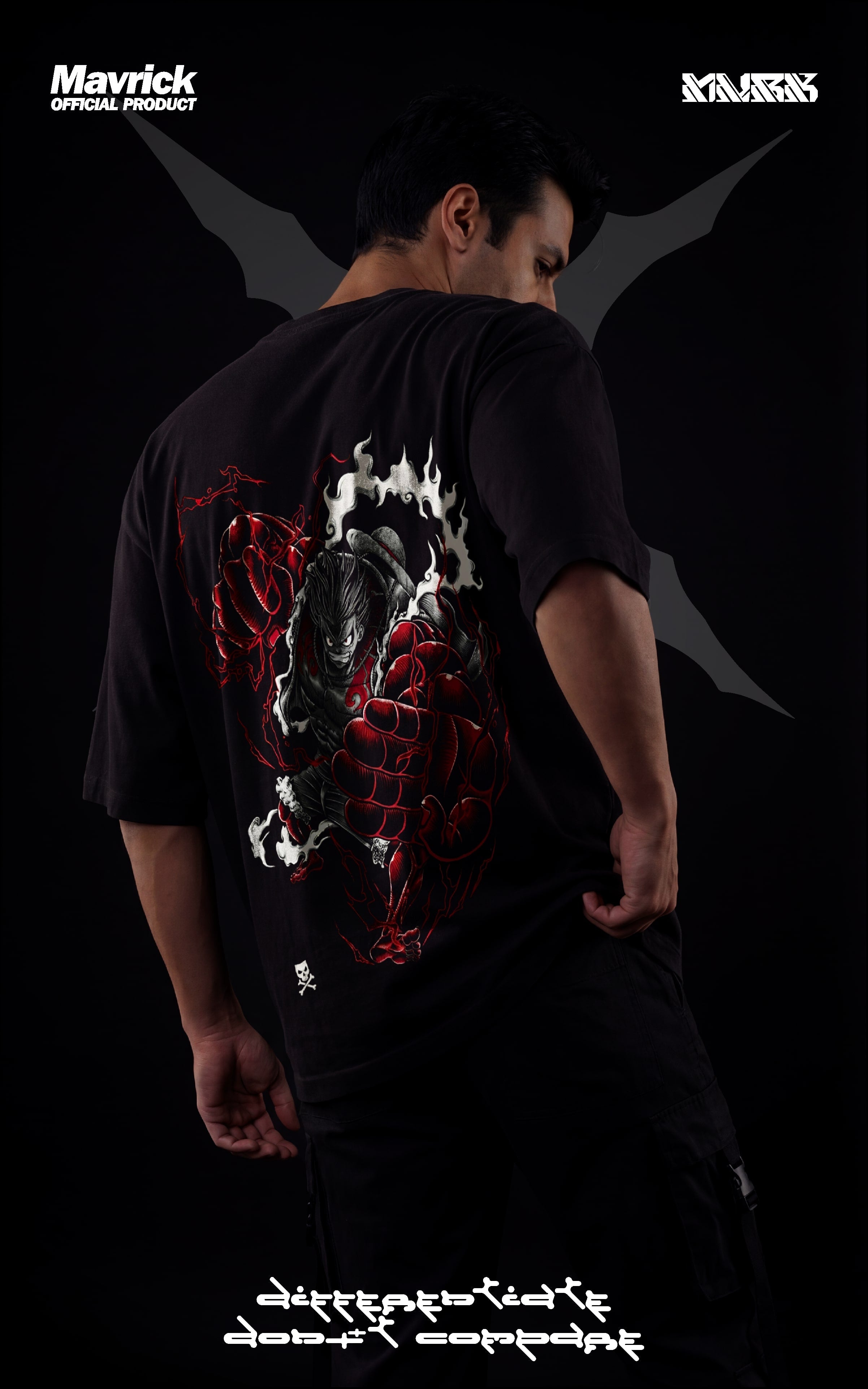 Back view of a drop-shoulder black tee featuring Luffy in Gear 4 Bounceman with red Haki energy and steam effects.