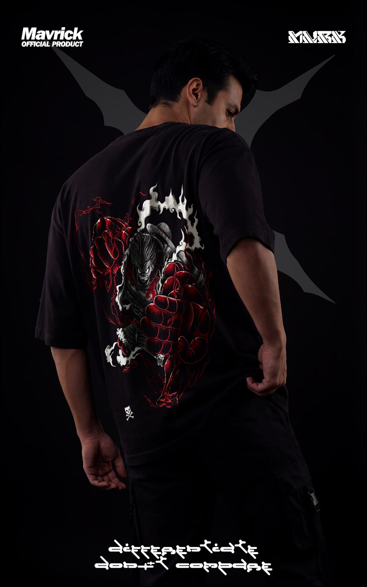 Back view of a drop-shoulder black tee featuring Luffy in Gear 4 Bounceman with red Haki energy and steam effects.