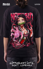 Full back view of a person wearing a black oversized t-shirt with a large, colorful anime graphic of Nezuko Kamado from Demon Slayer and the slogan "Differentiate Don't Compare."