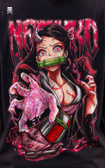Detailed artwork of Nezuko Kamado in her Awakened demon form with a horn and vine tattoos, reaching forward with a pink energy glow, set against a blood-red "Nezuko" text background.