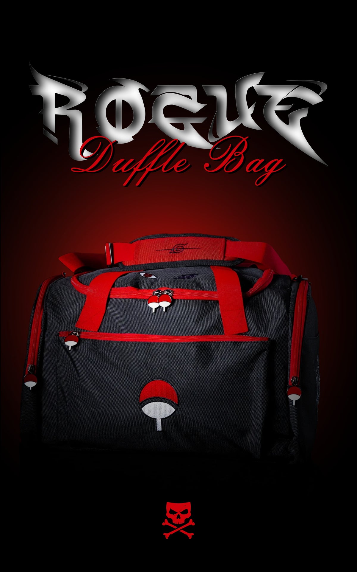 Full front view of the Naruto-themed Rogue Duffle Bag in black and red, featuring the Uchiha clan crest, Sharingan zipper pulls, and "Rogue" stylized text.