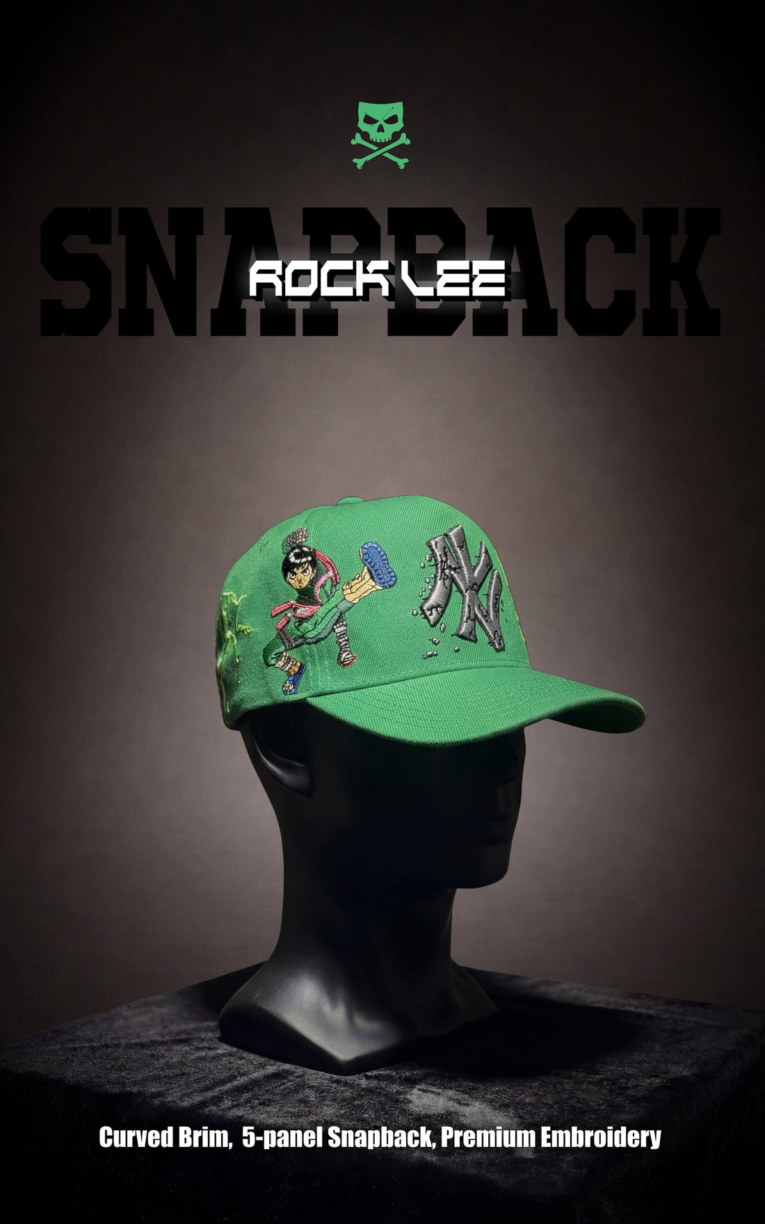 Green Rock Lee snapback hat featuring character embroidery and a stylized cracked-texture logo on a black mannequin head.