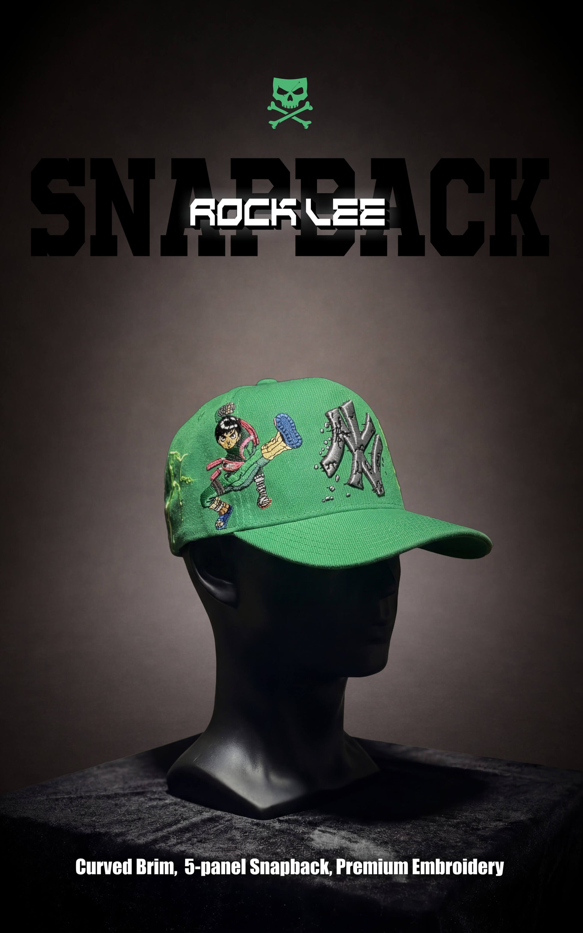 Green Rock Lee snapback hat featuring character embroidery and a stylized cracked-texture logo on a black mannequin head.
