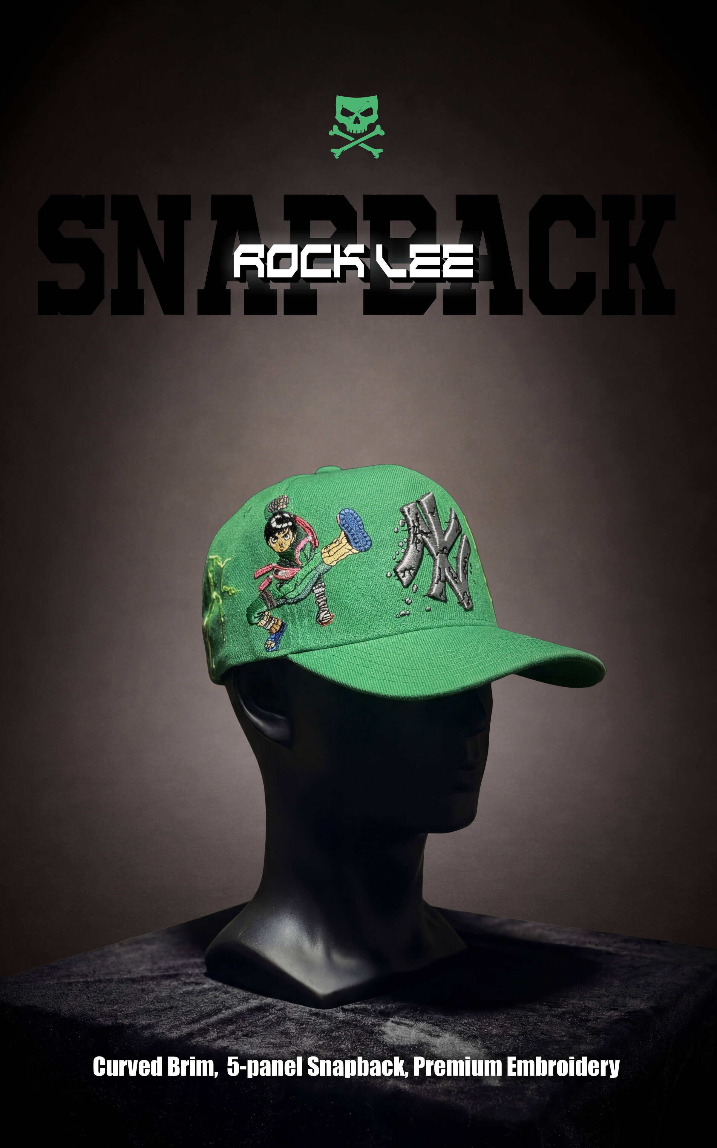 Green Rock Lee snapback hat featuring character embroidery and a stylized cracked-texture logo on a black mannequin head.