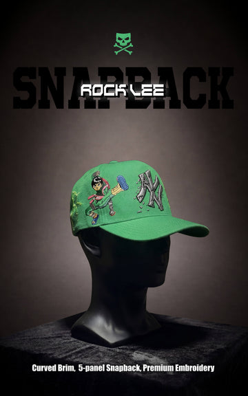 Green Rock Lee snapback hat featuring character embroidery and a stylized cracked-texture logo on a black mannequin head.