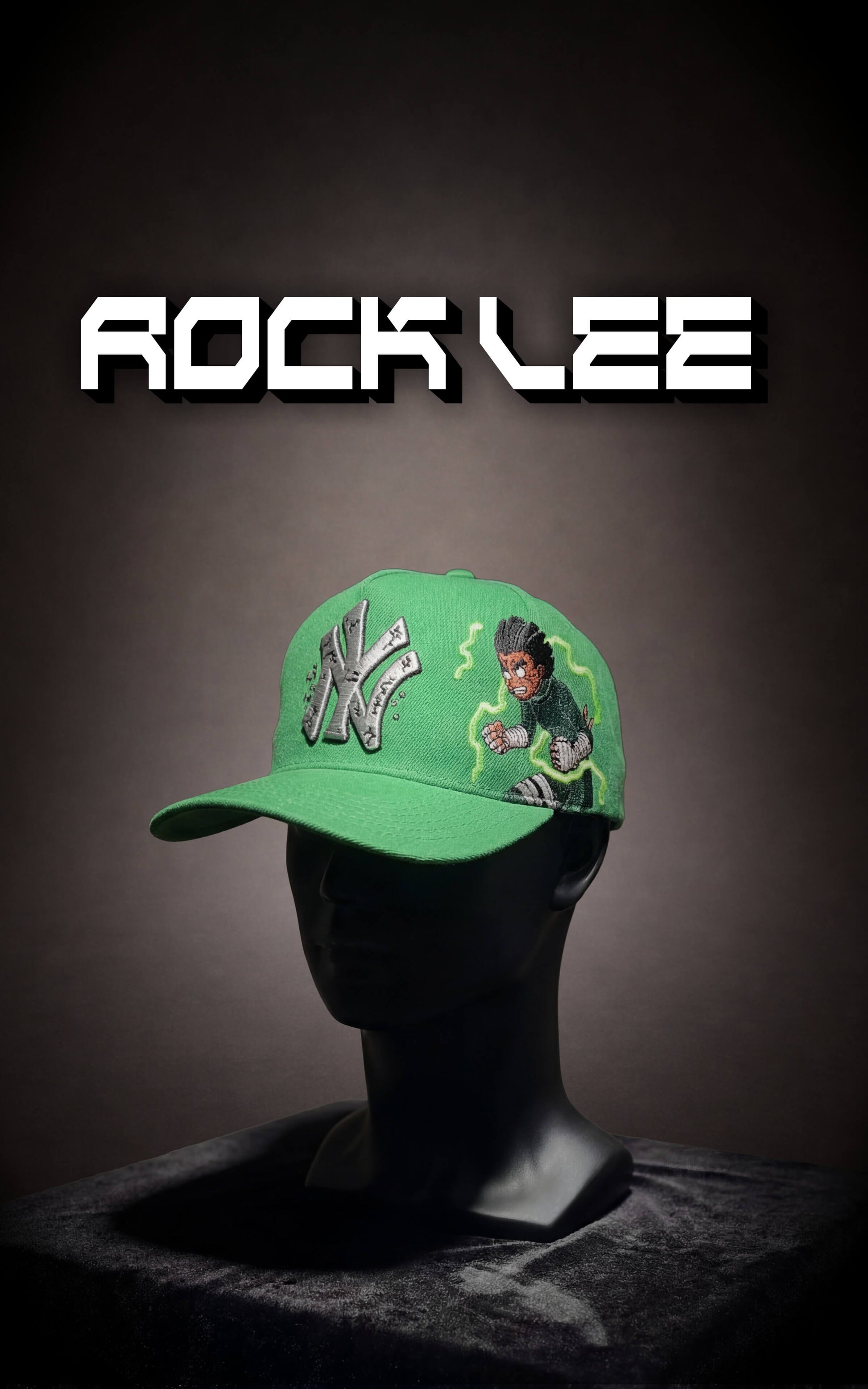 Side view of a green anime-inspired snapback showing Rock Lee in a fighting stance with green lightning aura embroidery.