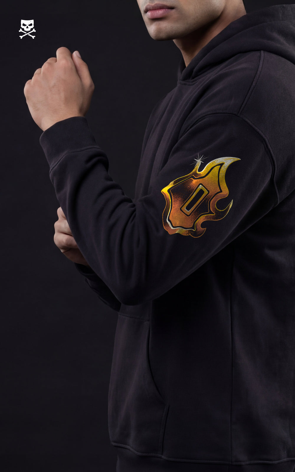 Side profile of a black Mavrick anime hoodie showcasing a detailed sleeve graphic of Rengoku’s signature flame-patterned katana guard and vertical typography.