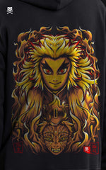 High-definition close-up of the Kyojuro Rengoku "Flame Hashira" back print, featuring intricate fire breathing style illustrations, a stylized dragon, and Japanese calligraphy.