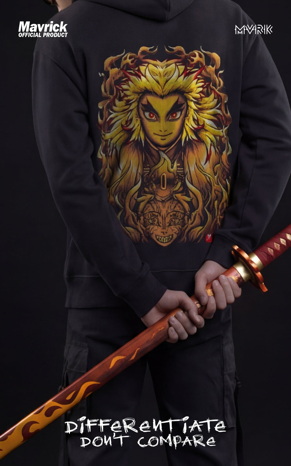 Back view of a model in a black Mavrick official product hoodie featuring a large Kyojuro Rengoku graphic with a golden flame dragon and Japanese kanji, styled with black cargo pants.