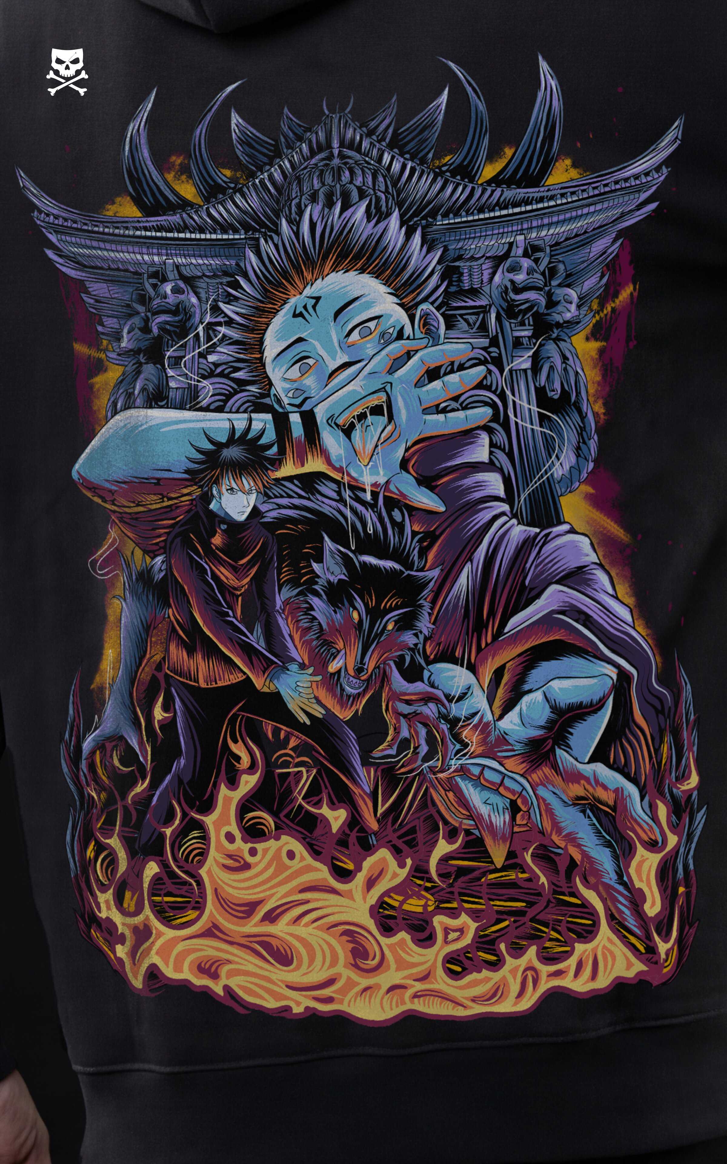 High-definition close-up of the Ryomen Sukuna "King of Curses" back print, featuring intricate gold flame illustrations, a dragon, and the character in a signature pose.