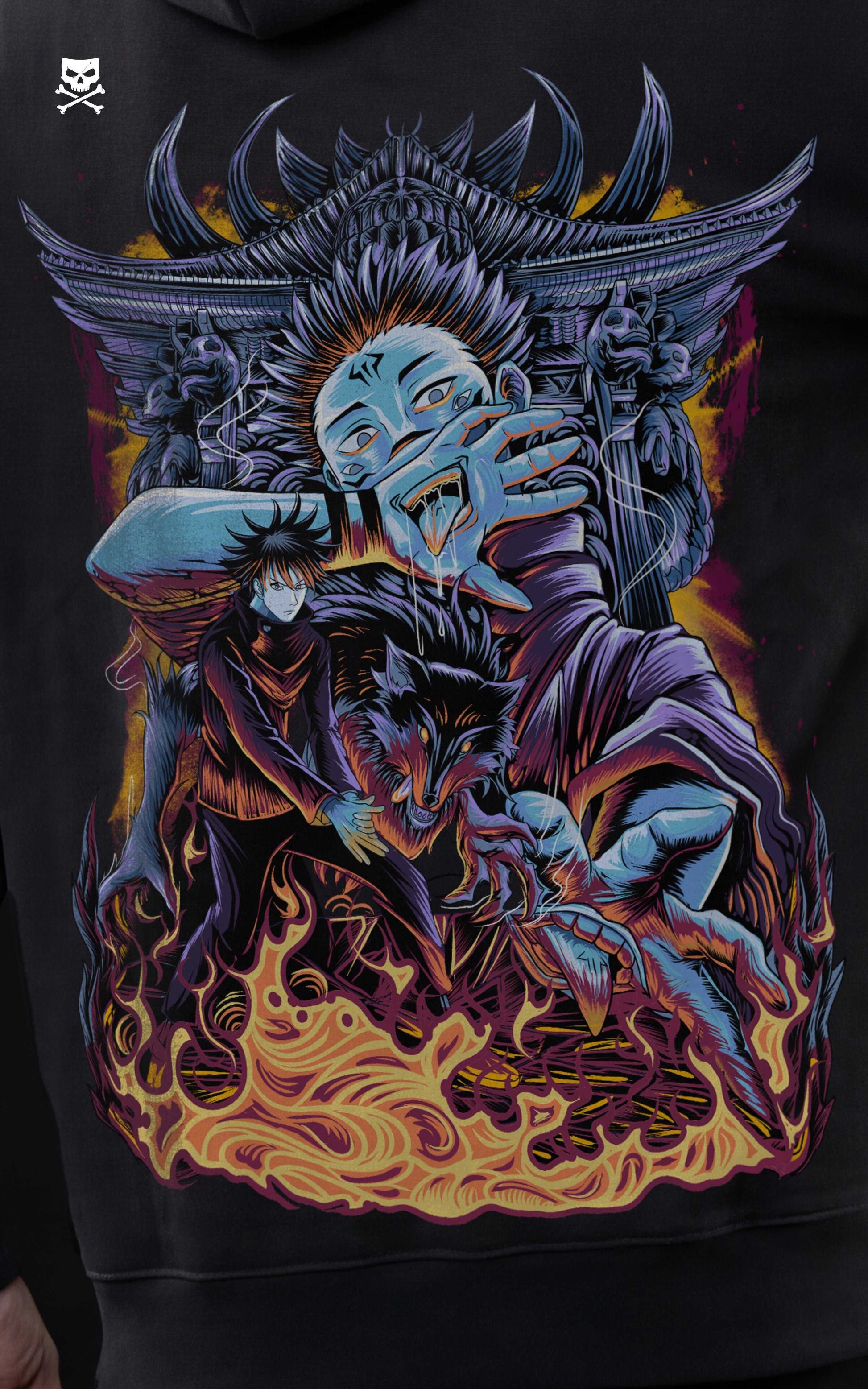 High-definition close-up of the Ryomen Sukuna "King of Curses" back print, featuring intricate gold flame illustrations, a dragon, and the character in a signature pose.