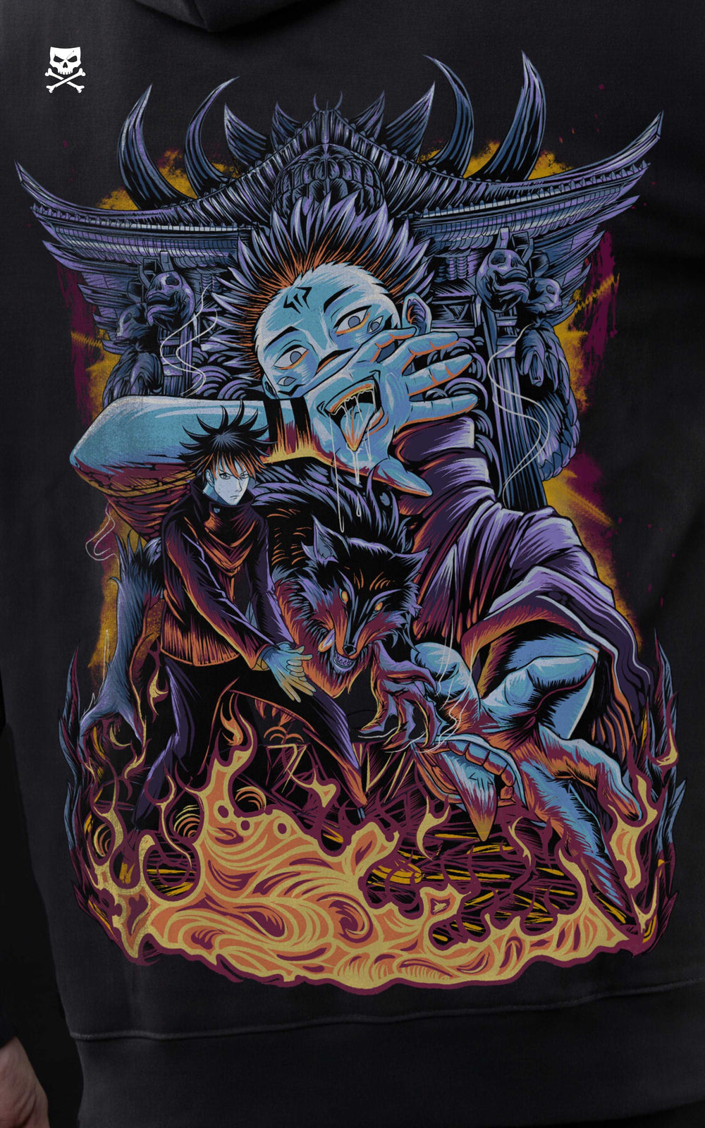 High-definition close-up of the Ryomen Sukuna "King of Curses" back print, featuring intricate gold flame illustrations, a dragon, and the character in a signature pose.