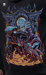 High-definition close-up of the Ryomen Sukuna "King of Curses" back print, featuring intricate gold flame illustrations, a dragon, and the character in a signature pose.