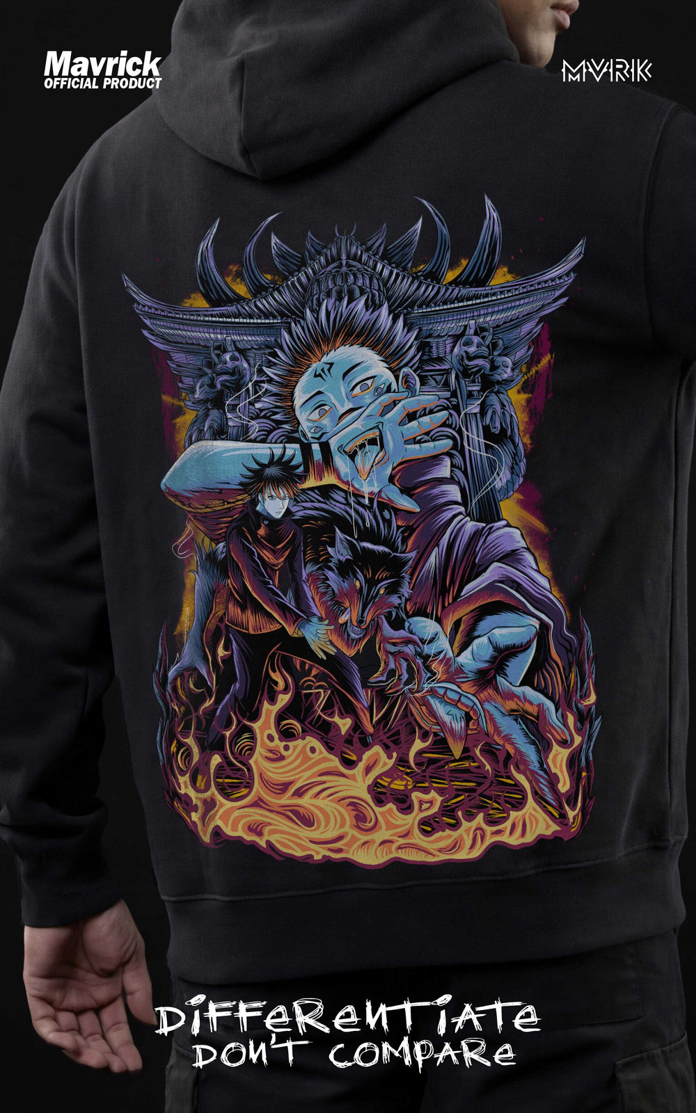 Back view of a model in a black Mavrick official product hoodie featuring a large graphic of Ryomen Sukuna with a golden dragon and Japanese kanji, styled with black cargo pants in a studio setting.