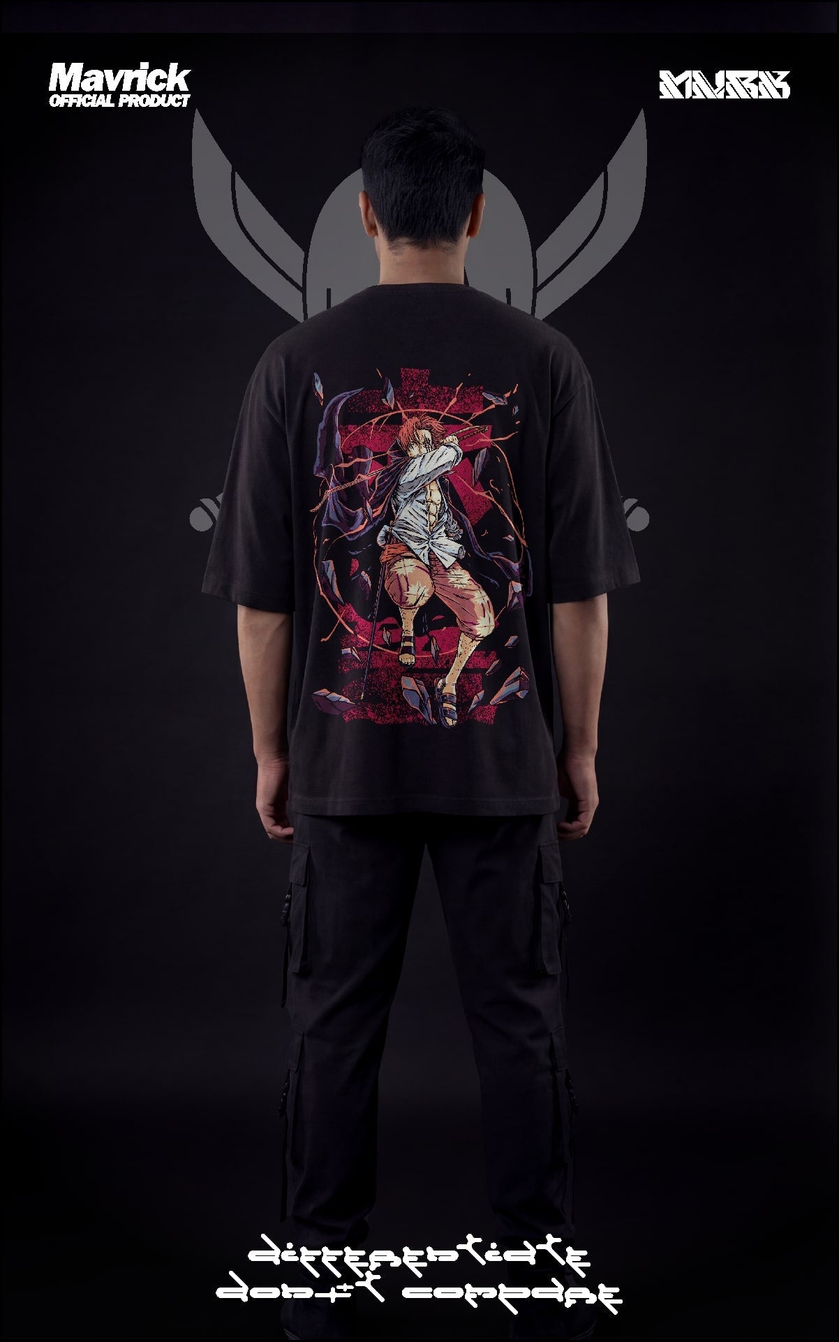 Male model wearing a boxy black oversized shirt featuring a crimson Haki graphic of Red-Haired Shanks with his sword drawn.