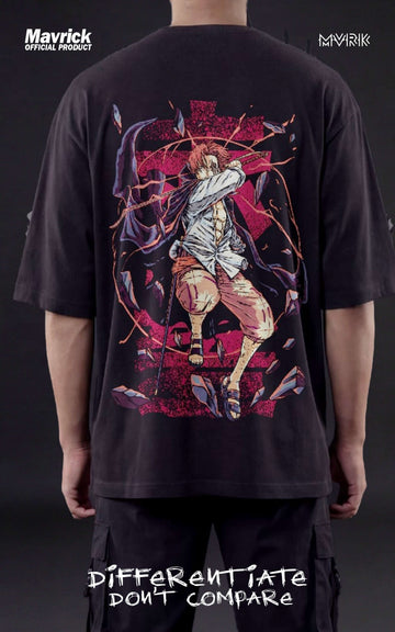 Male model wearing a boxy black oversized shirt featuring a crimson Haki graphic of Red-Haired Shanks with his sword drawn.