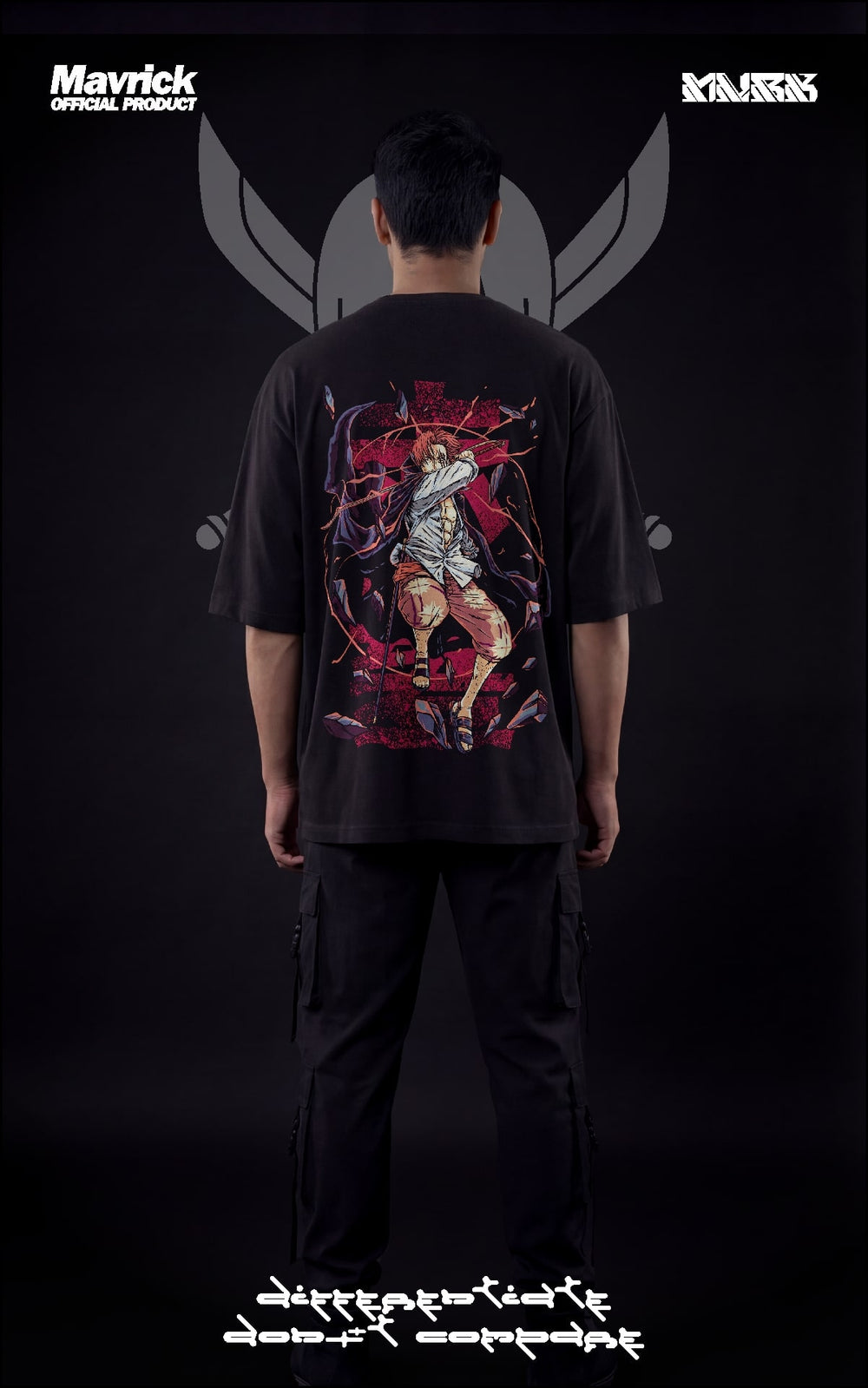 Male model wearing a boxy black oversized shirt featuring a crimson Haki graphic of Red-Haired Shanks with his sword drawn.