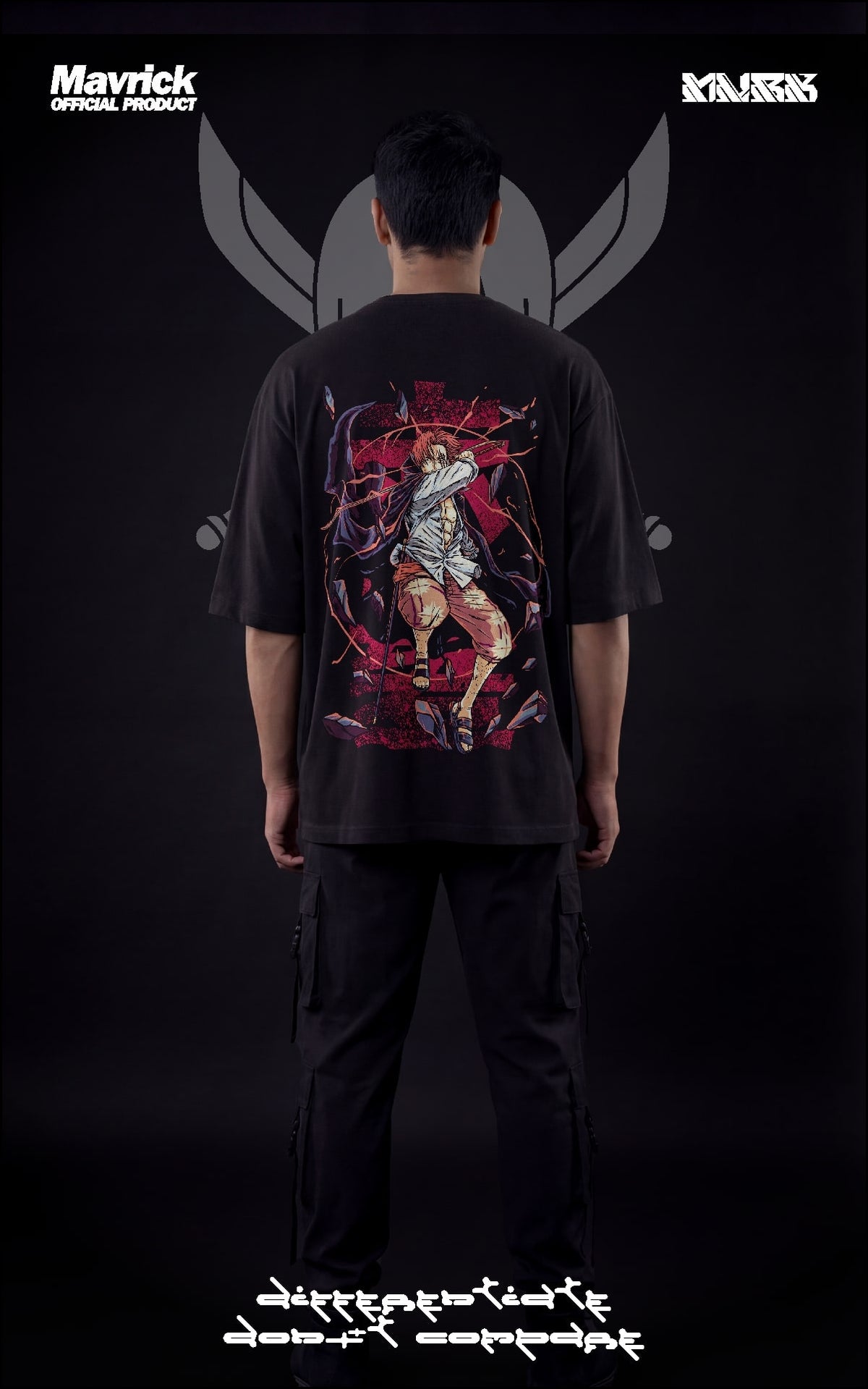 Male model wearing a boxy black oversized shirt featuring a crimson Haki graphic of Red-Haired Shanks with his sword drawn.