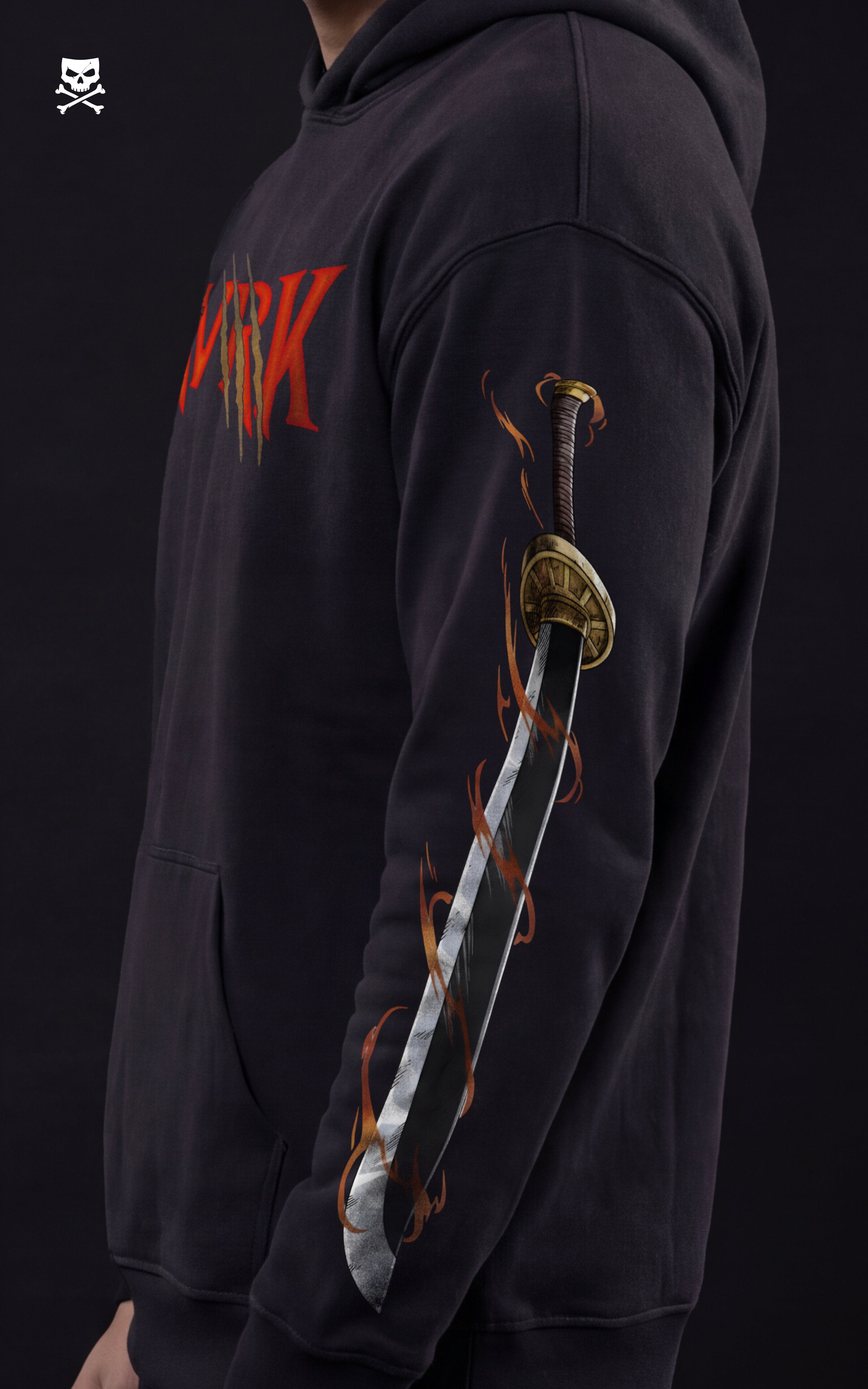 Side profile of a black Mavrick anime hoodie showcasing a detailed sleeve graphic of Shanks' straw hat and vertical "SHANKS" typography with a gold tassel detail.