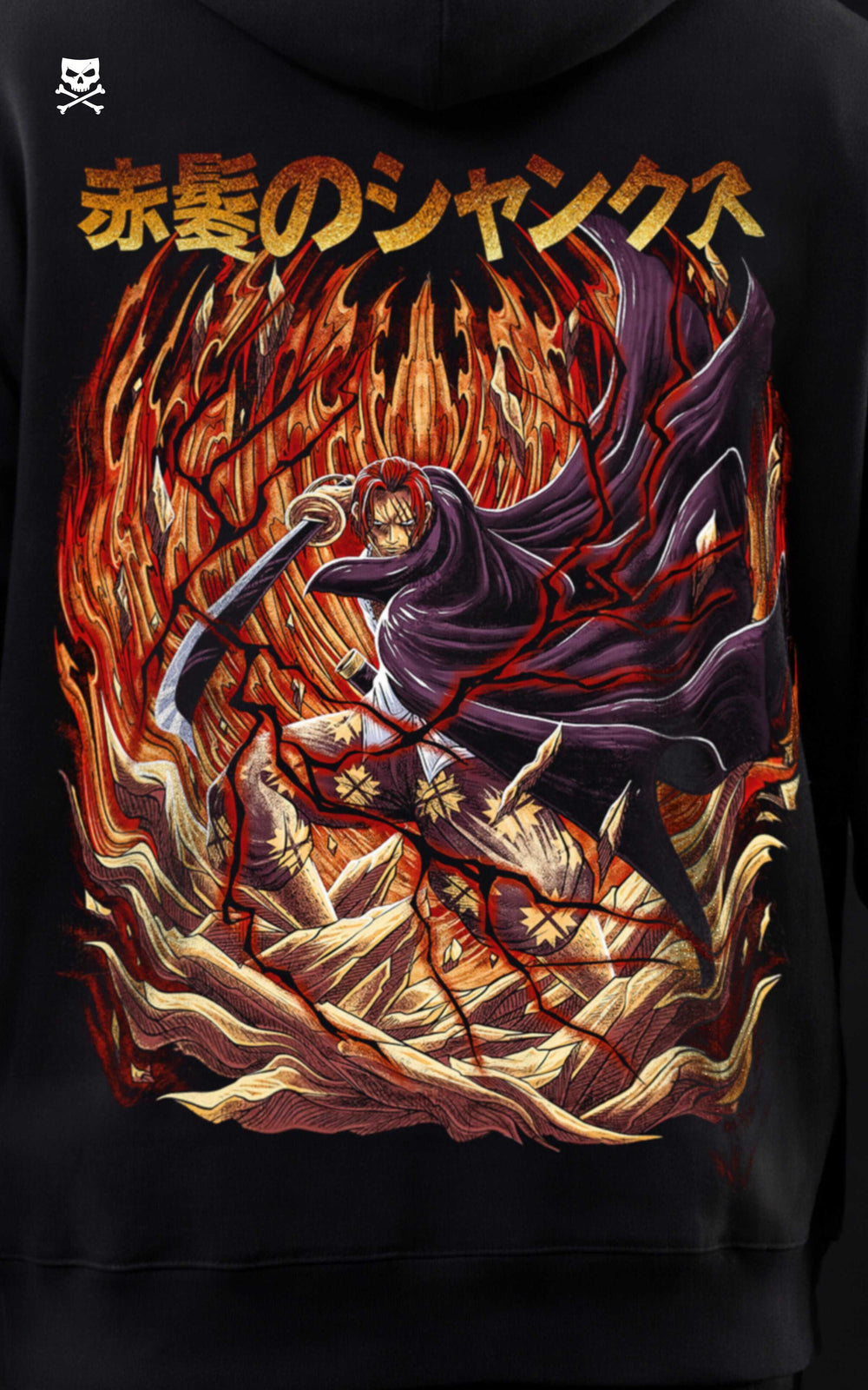 High-definition close-up of the Shanks "Red-Haired" back print, featuring the character's signature three scars, a golden dragon.