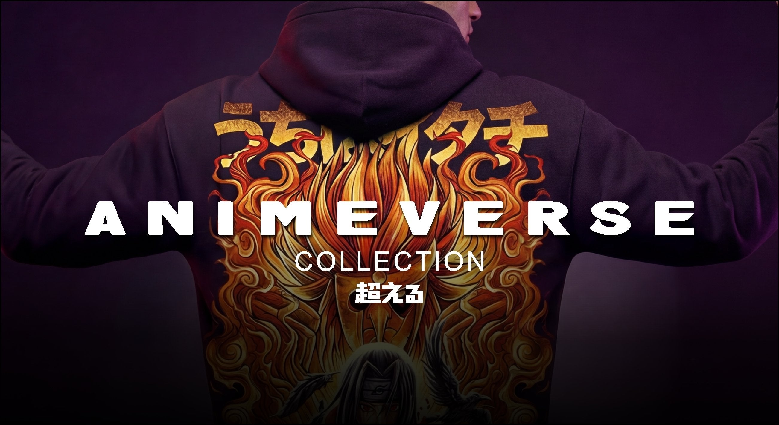 Person wearing a hoodie with a colorful design and 'Animeverse Collection' text on a dark backgroundslider_item_43nwjK