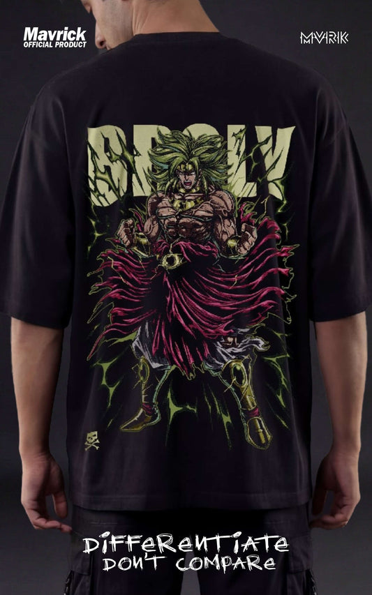 Back view of a male model in a drop-shoulder black shirt featuring a Legendary Super Saiyan Broly graphic with neon green energy bursts.