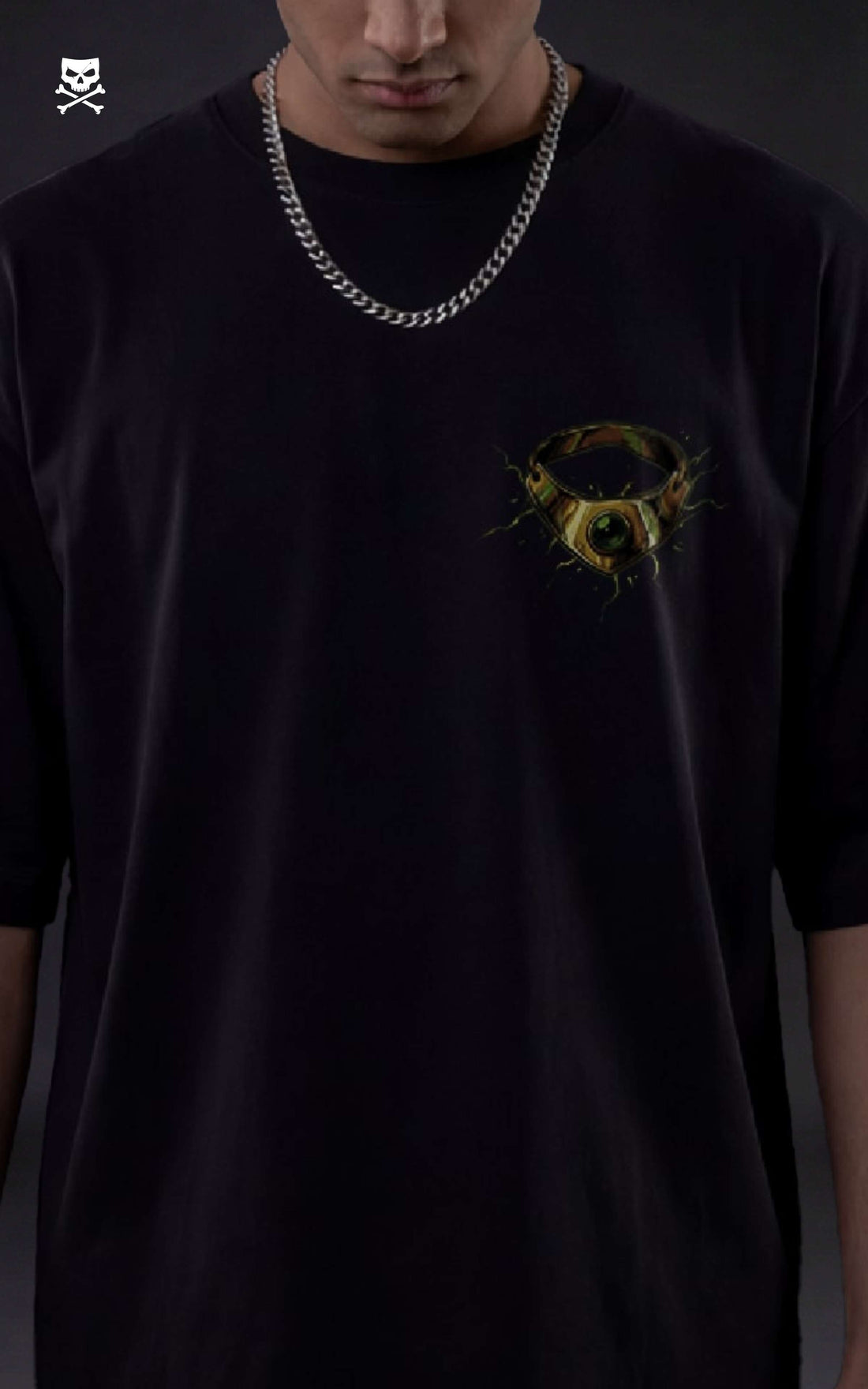 Back view of a male model in a drop-shoulder black shirt featuring a Legendary Super Saiyan Broly graphic with neon green energy bursts.