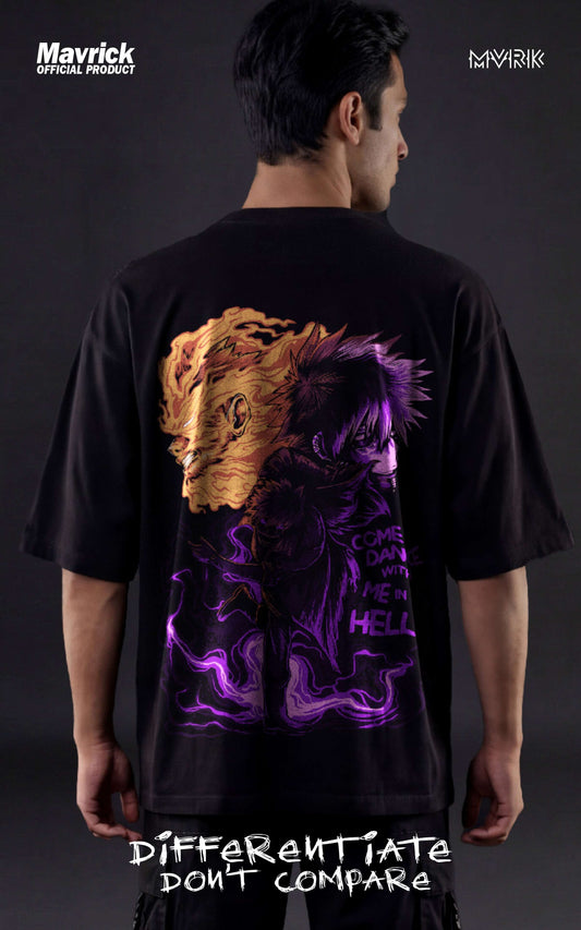 Back view of a black streetwear tee with a split-tone graphic of Dabi's blue and purple cremation flames and "Dance in Hell" text.