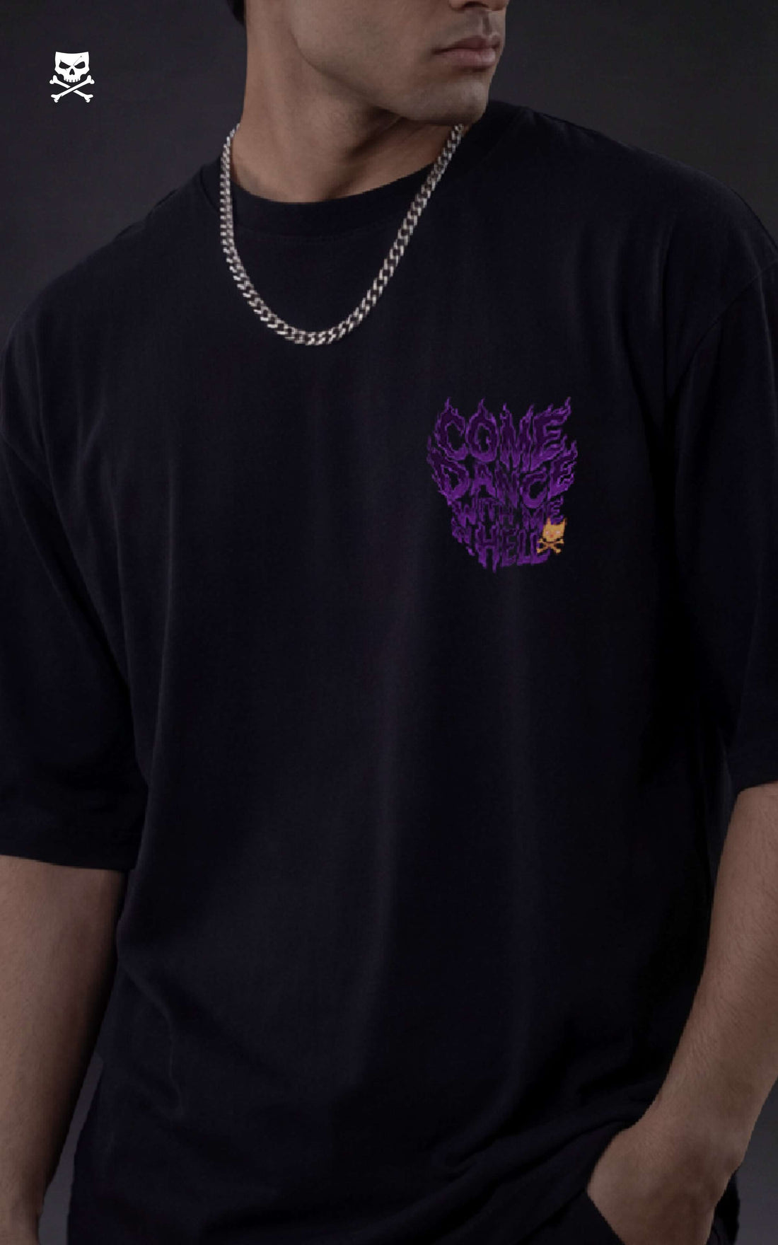 Back view of a black streetwear tee with a split-tone graphic of Dabi's blue and purple cremation flames and "Dance in Hell" text.