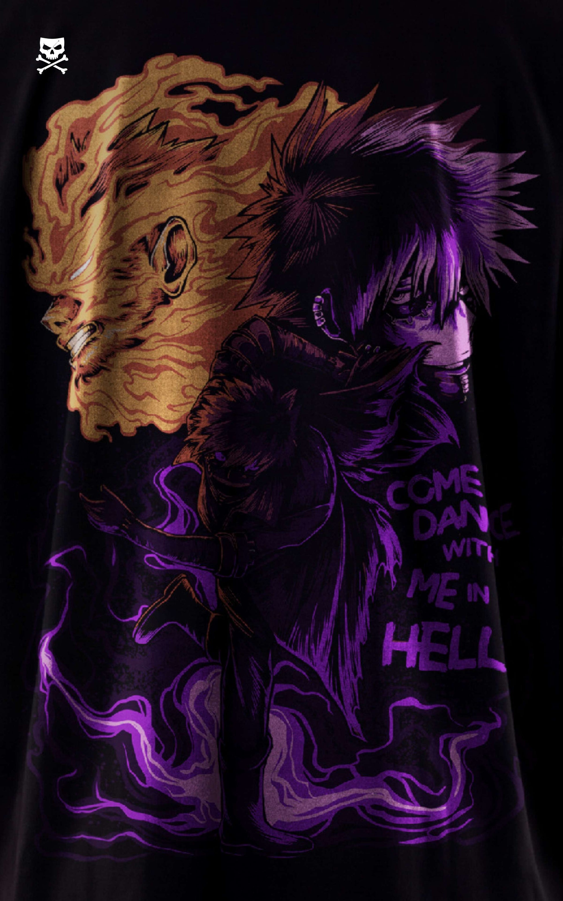 Closeupview of a black streetwear tee with a split-tone graphic of Dabi's blue and purple cremation flames and "Dance in Hell" text.