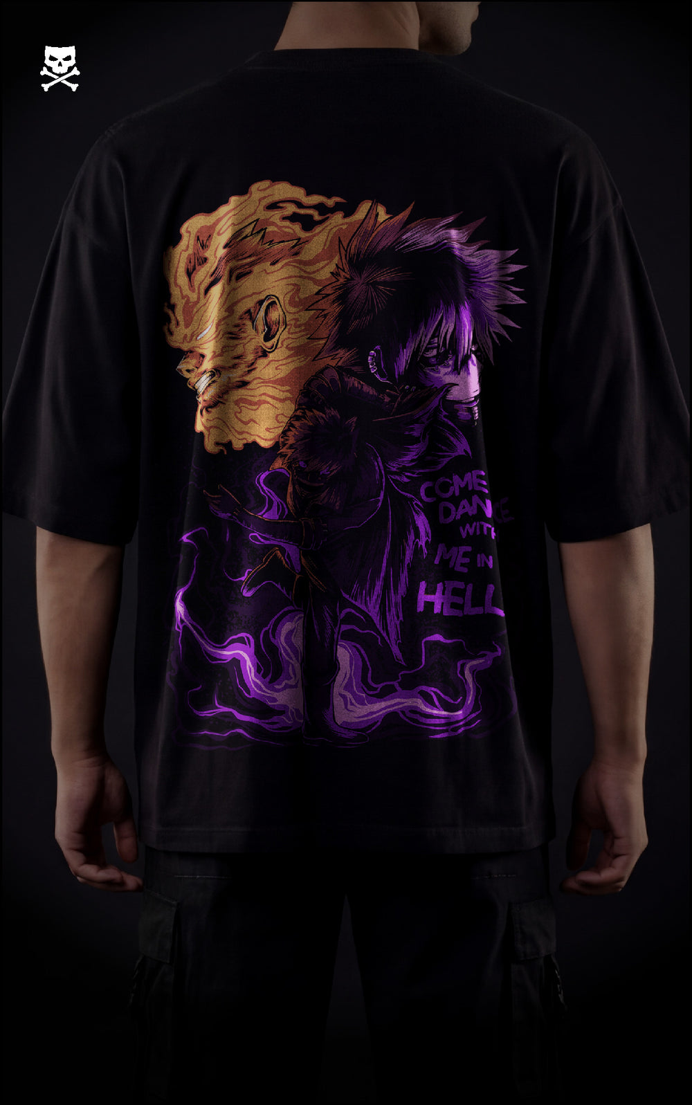 Closeupview of a black streetwear tee with a split-tone graphic of Dabi's blue and purple cremation flames and "Dance in Hell" text.