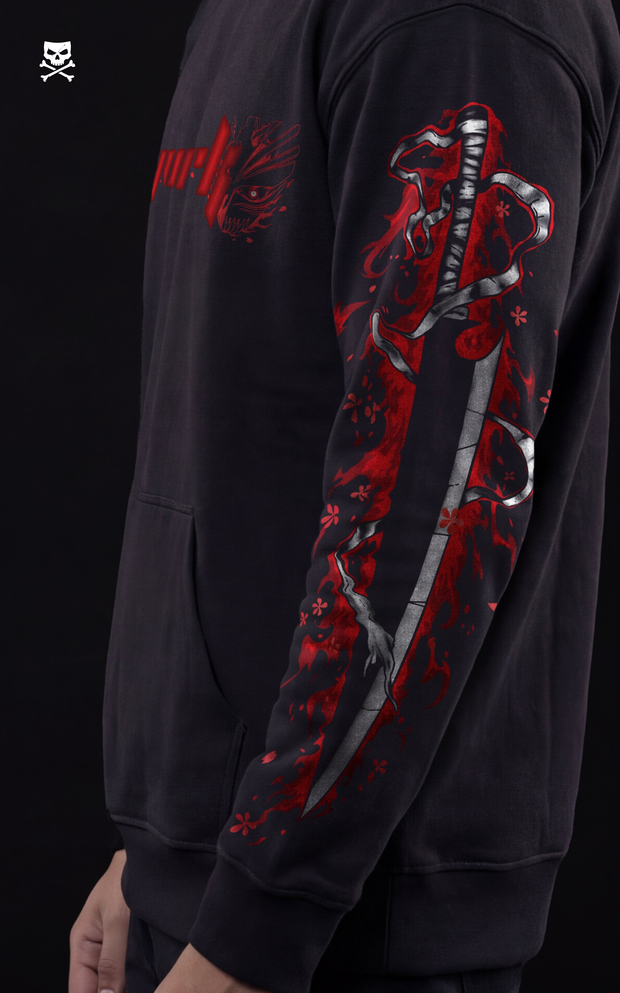 Side profile of a Mavrick streetwear hoodie showing a detailed sleeve graphic of a Katana wrapped in red spirit energy and falling cherry blossom petals.