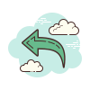 Green left-pointing arrow inside a blue circle with a cloud on a light blue background