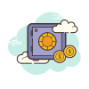 Illustration of a passport with a sun and coins on a blue background
