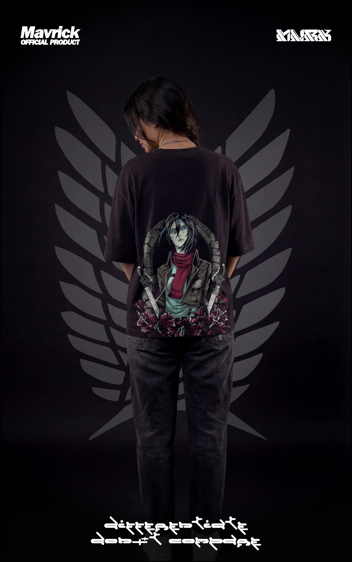 Back view of a female model wearing a boxy black tee with Mikasa Ackerman, her red scarf, and the Scout Regiment Wings of Freedom.