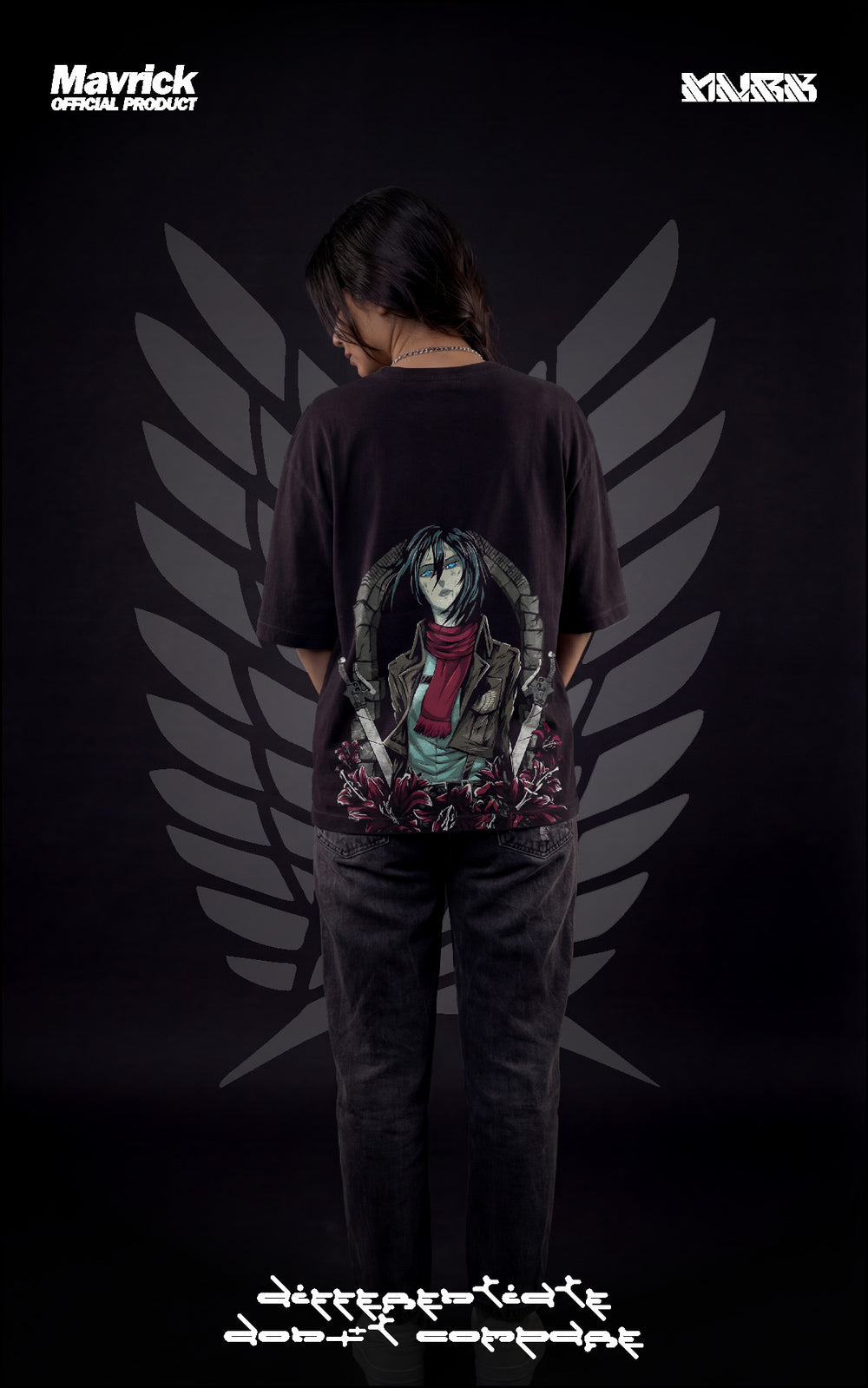 Back view of a female model wearing a boxy black tee with Mikasa Ackerman, her red scarf, and the Scout Regiment Wings of Freedom.