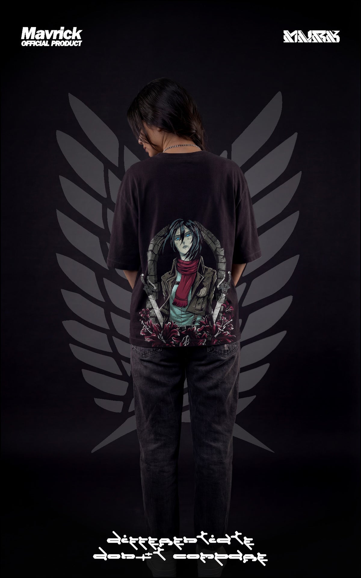 Back view of a female model wearing a boxy black tee with Mikasa Ackerman, her red scarf, and the Scout Regiment Wings of Freedom.