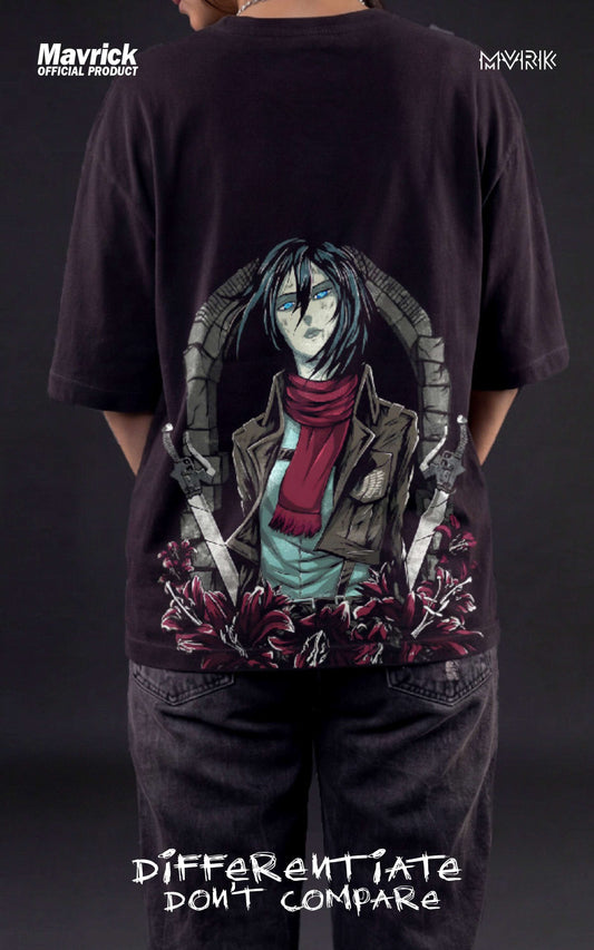 Back view of a female model wearing a boxy black tee with Mikasa Ackerman, her red scarf, and the Scout Regiment Wings of Freedom.