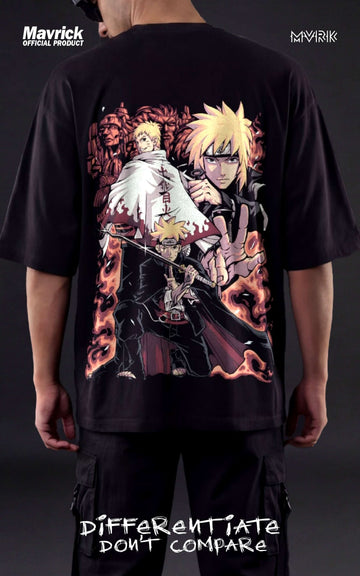 Back view of a male model wearing a boxy fit black anime shirt showcasing the legacy of Minato, Naruto, and Boruto Uzumaki with the Hidden Leaf Will of Fire graphic.