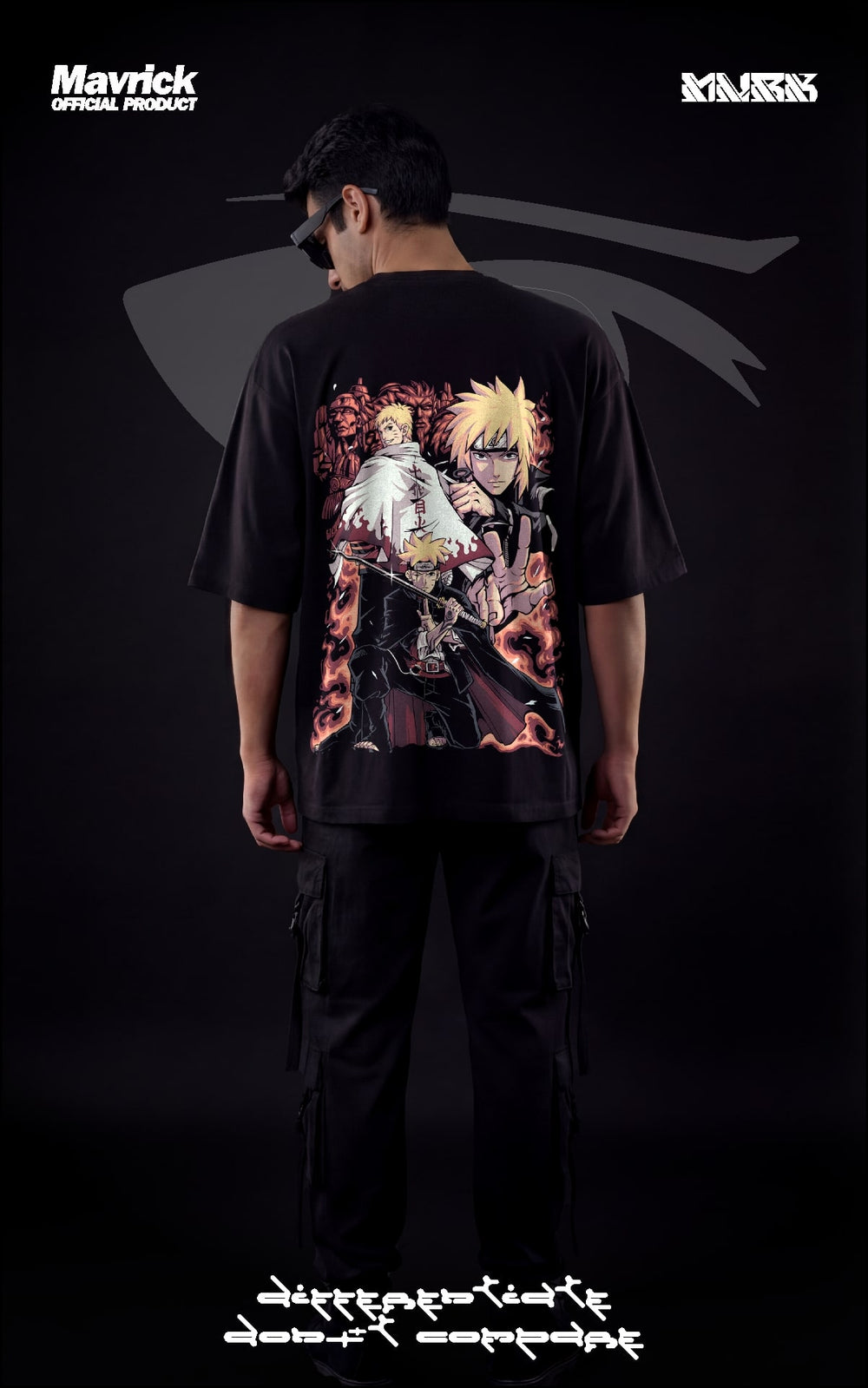 Back view of a male model wearing a boxy fit black anime shirt showcasing the legacy of Minato, Naruto, and Boruto Uzumaki with the Hidden Leaf Will of Fire graphic.