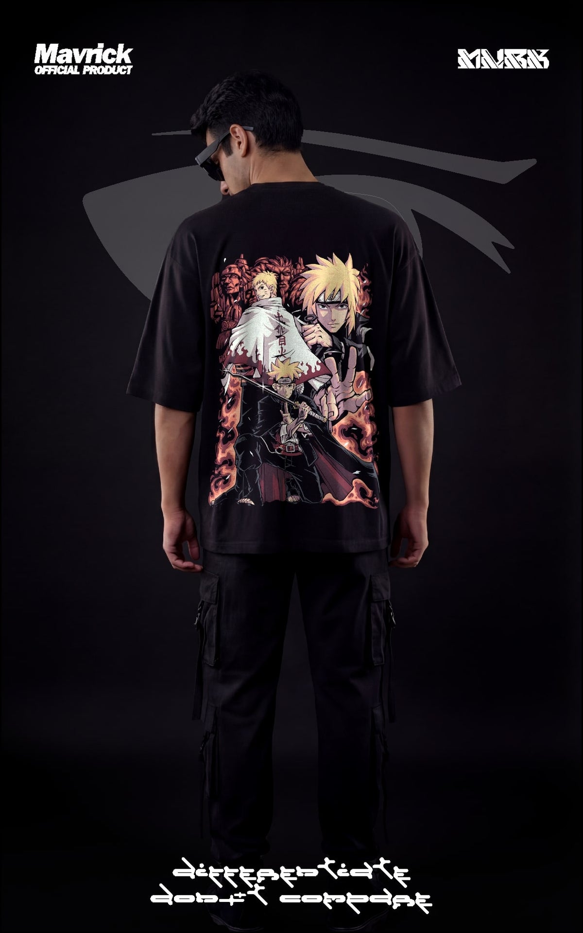 Back view of a male model wearing a boxy fit black anime shirt showcasing the legacy of Minato, Naruto, and Boruto Uzumaki with the Hidden Leaf Will of Fire graphic.
