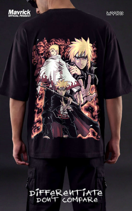 Back view of a male model wearing a boxy fit black anime shirt showcasing the legacy of Minato, Naruto, and Boruto Uzumaki with the Hidden Leaf Will of Fire graphic.