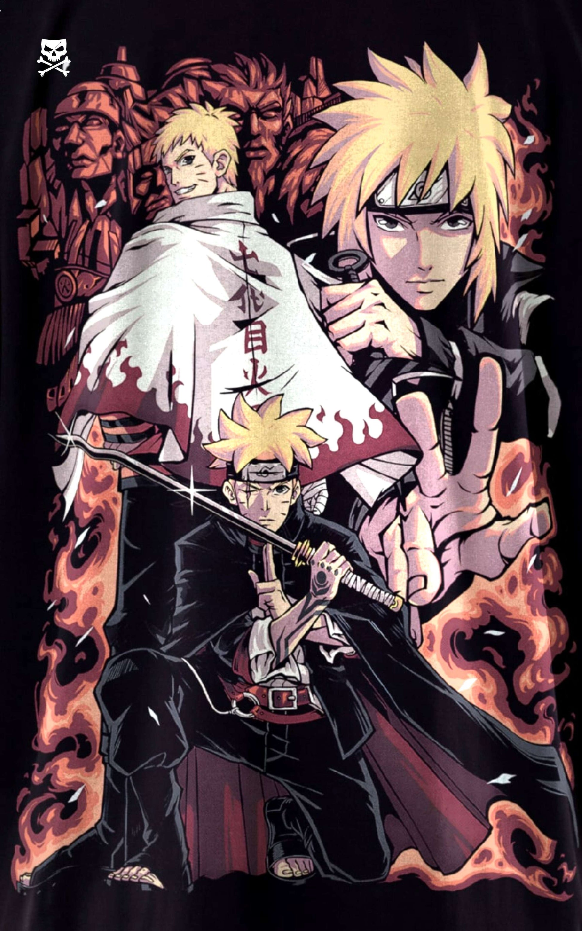 Closeup view of a male model wearing a boxy fit black anime shirt showcasing the legacy of Minato, Naruto, and Boruto Uzumaki with the Hidden Leaf Will of Fire graphic.